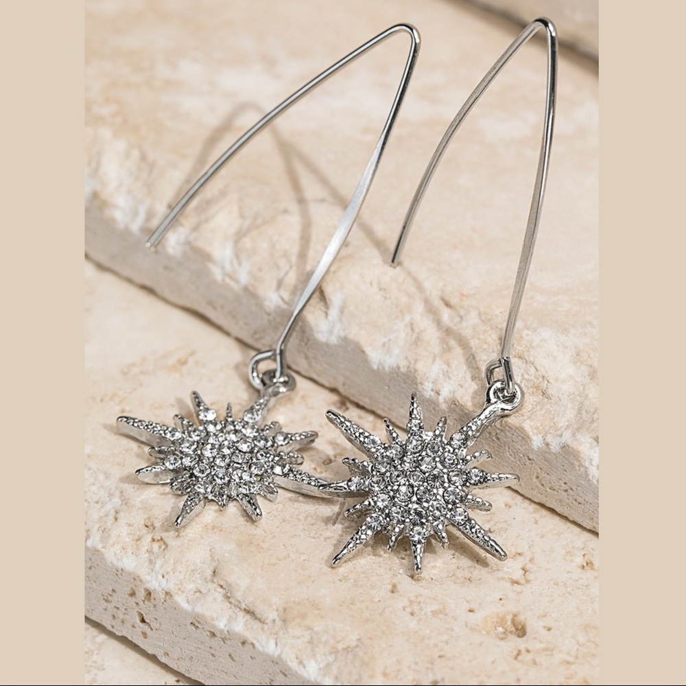 Crystal Starburst Wire Hook Earrings - Silver